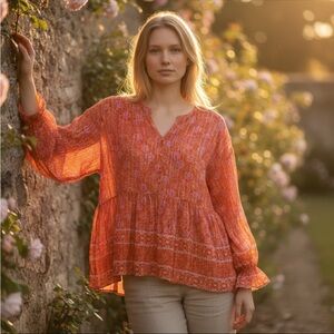 Anthropologie RD + Koko Orange Floral Peplum Blouse